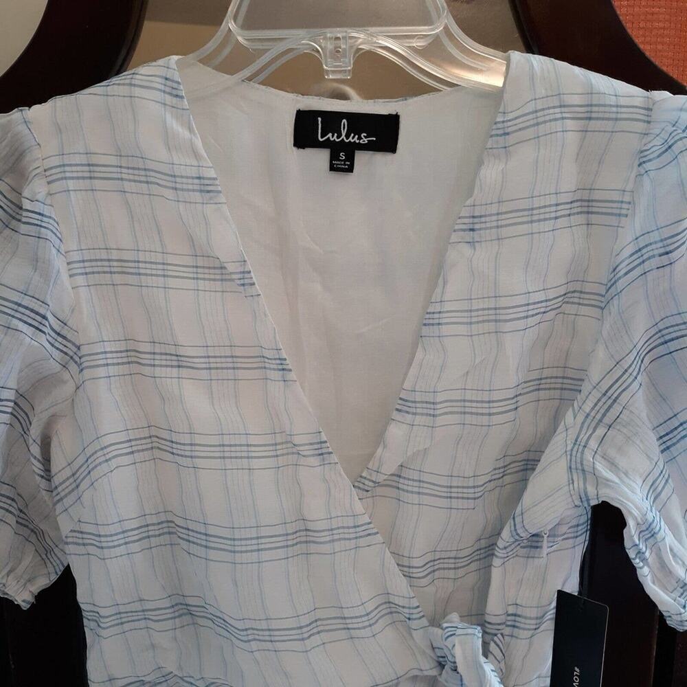 Lulus NWT Womens White Blue Plaid Faux Wrap Fit and Flare Mini Dress Siz… - Picture 5 of 10